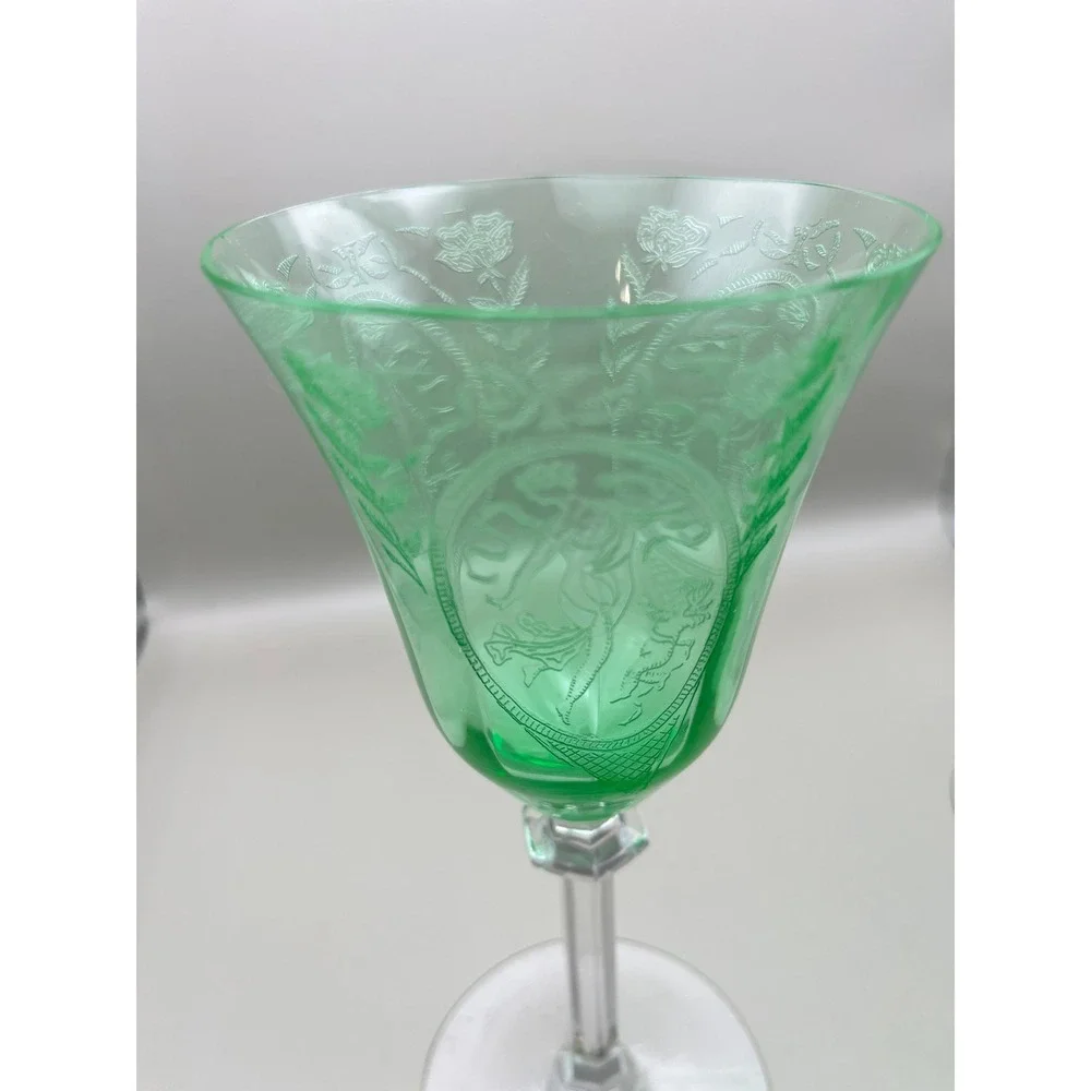 European‎ Uranium Hock Wine Goblets Etched Classic Lady Putto Green Set As Is